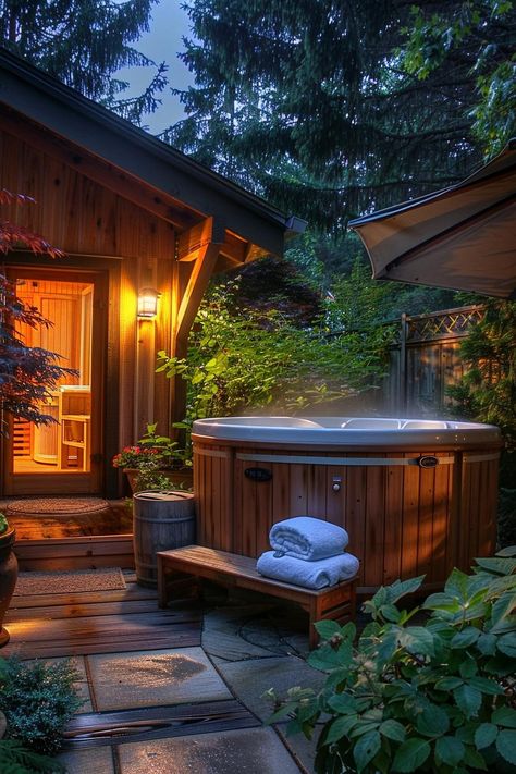 The Benefits of Adding a Backyard Sauna or Hot Tub Outdoor Oasis Backyard With Hot Tub, Hot Tub Sitting Area, Backyard Wellness Spa, Mountain Cabin Hot Tub, Forest Hot Tub, Hot Tub Areas Outdoor, Hot Tub In Garden, Hot Tub On Porch, Backyard Sauna And Hot Tub