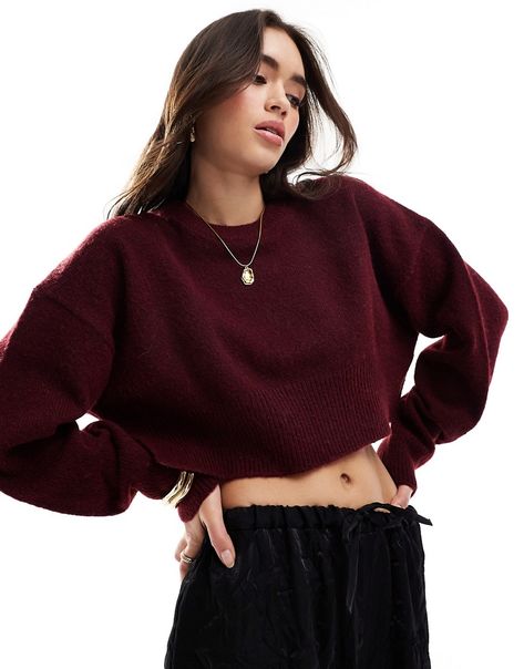 Cardigan by ASOS DESIGN Knitwear until further notice Crew neck Drop shoulders Cropped length Relaxed fit Cropped Jumpers, Burgundy Jumper, Deep Autumn Fashion, Burgundy Sweater, Long Sleeve Floral Dress, Mock Neck Sweater, Pullover Sweater Women, Sweaters And Leggings, Satin Slip Dress