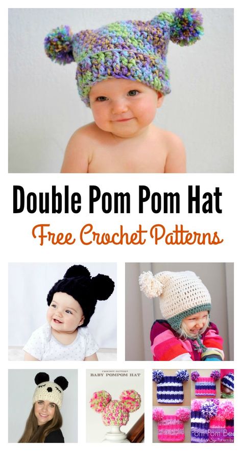 Double Pom Pom Hat Free Crochet Patterns for Beginners #Freepattern #Crochet #Hat #beginner Crochet Beanie Hat Free Pattern, Crochet Patterns For Baby, Free Crochet Patterns For Beginners, Crochet Hat For Beginners, Crochet Baby Hat Patterns, Crochet Kids Hats, Crochet Patterns Free Beginner, Baby Hat Patterns, Crochet Hat Free