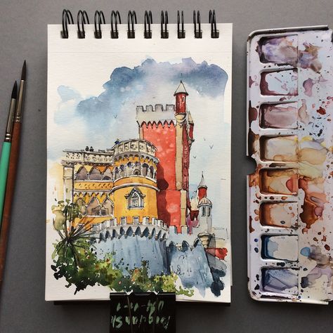 Pena Palace Sintra Portugal Print of Original Watercolor Painting 8/10 and 11/14 inches Portugal Print, Pena Palace, Drawing Arts, Gcse Art Sketchbook, Pen And Wash, Sintra Portugal, Cityscape Painting, Gcse Art, Watercolor Sketch