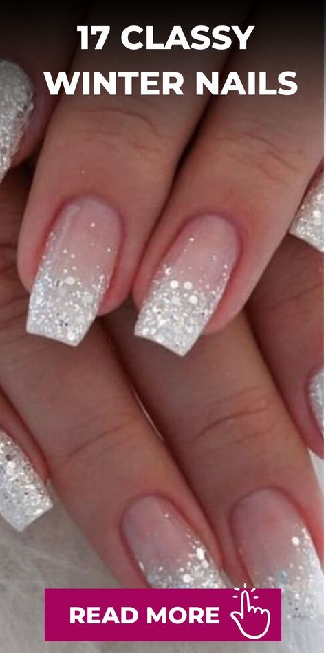 Glitter Tip Manicure, Winter French Tip Acrylic Nails, December Wedding Nails For Bride, Winter Acrylic Nail Designs With Glitter, White Glitter Ombré Nails, Sparkling Nails Design, Nye Nails Glitter, Christmas Ombre Nails Winter Glitter, White Nails Ideas 2024