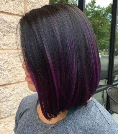 Purple Highlights On Black Hair, Black With Purple Highlights, Chocolate Caramel Hair Color, Chocolate Caramel Hair, Purple Highlights Brown Hair, Purple Hair Streaks, Caramel Hair Color, Highlights On Black Hair, Balayage Styles