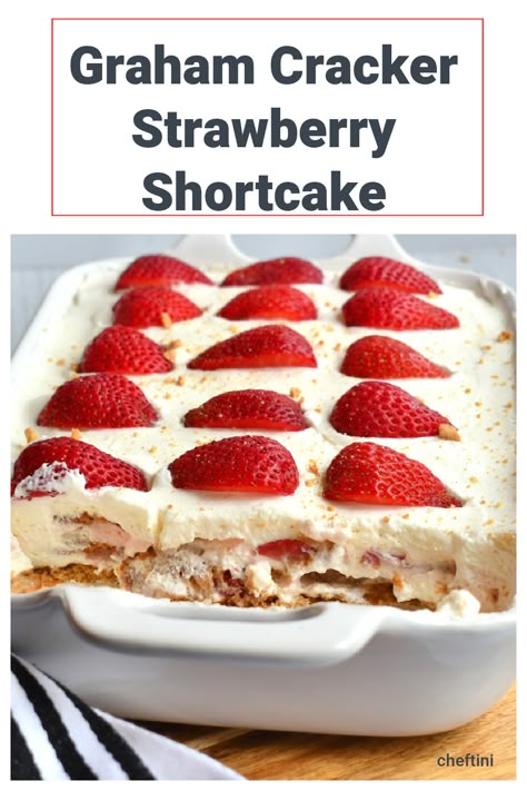 This no bake, strawberry graham shortcake recipe is so easy to make and unbelievably delicious! #memorialdayrecipes #nobakerecipes #summerrecipes #4thofjulyrecipes Strawberry Shortcake With Graham Cracker, Strawberry And Graham Cracker Dessert, Gram Cracker Cake Recipe, Strawberry Gramcracker Dessert, Gram Cracker Cake, Gram Cracker Recipes, Strawberry Graham Cracker Dessert, No Bake Strawberry Shortcake, Best Strawberry Shortcake Recipe