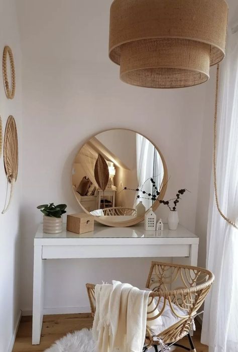 Boho Vanity Ideas, Boho Vanity, Vanity Room Decor, Home Decorations Ideas, Minimalist Vanity, Basement Redo, Dressing Room Decor, Earthy Bedroom, Wooden Bedroom