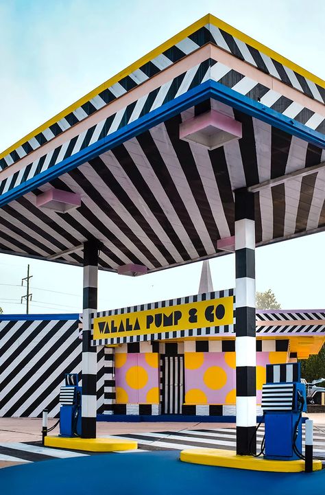 camille walala transforms vintage gas station into a colorful landmark in arkansas Camille Walala, Station Service, Fort Smith, Gas Stations, Memphis Design, Container Design, Salou, Colorful Artwork, Black And White Stripes