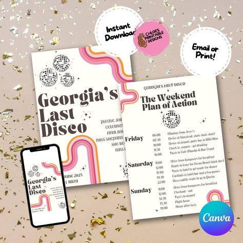 LAST DISCO INVITE 🪩💃🏼🥂 Miss to Mrs!! Give them a Hen-Do/Bachelorette Weekend they won’t forget! It all starts with the itinerary of the last disco weekend for the bridal party. Link in the Bio to the Etsy Shop ✨ #hen #etsyfinds #hendo #henparty #hendoweekend #hendoideas #lastdisco #lastdiscobachelorette #bacherloretteparty #bachelorette #girlsweekend Bridal Shower Weekend, Carrier Pigeon, Bachelorette Party Invite, Pink Disco Ball, Last Disco, Pink Disco, Pink Day, Bachelorette Party Invitations, Canva Pro