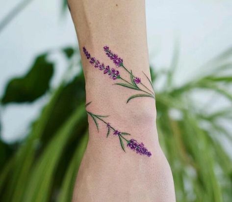 Lavender Band Tattoo, Lavender Wrist Wrap Tattoo, Lavender Arm Band Tattoo, Wrap Around Wrist Tattoos Color, Lavender Wrap Around Tattoo, Tattoo Lilac, Lavender Flower Tattoo, Lavender Tattoo Design, Firefly Tattoo