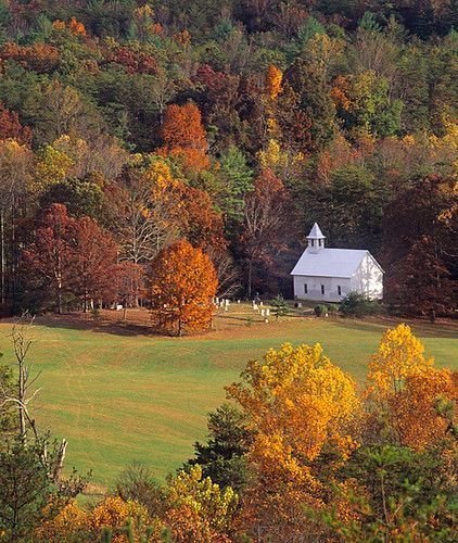 Cades Cove in the Fall Cades Cove Tennessee, Farm Scenes, Country Churches, Old Country Churches, Cades Cove, Leaves Autumn, Country Church, Old Churches, Great Smoky Mountains National Park