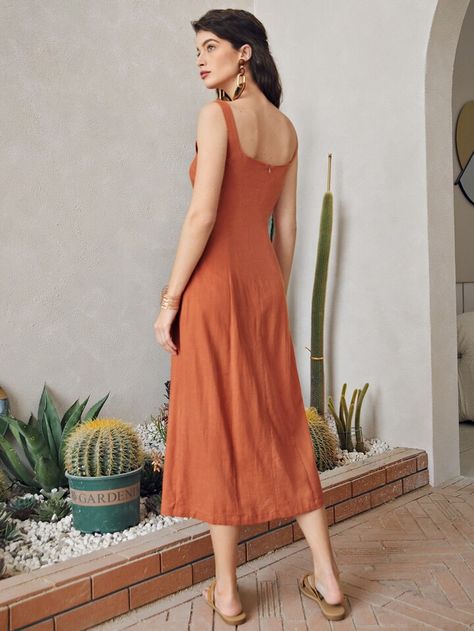 SHEIN Button Front Solid Dress | SHEIN EUR Orange Pattern, Solid Dress, Zipper Detail, Linen Dress, Dress P, Type A, Burnt Orange, Sleeveless Dress, Style Casual