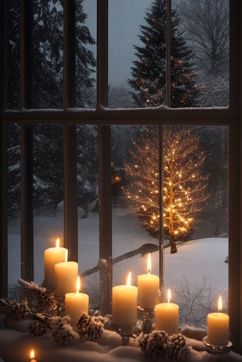 Cozy Christmas Candle Aesthetic, Christmas Candles In Windows, Christmas Candles Aesthetic, Christmas Cosy, Winter Hygge, Christmas Lockscreen, Tree Decoration Ideas, Winter Aesthetics, Winter Lights