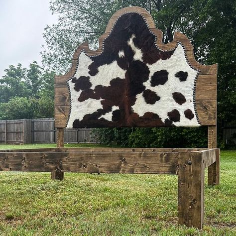 Western Headboard Diy, Western Headboard Ideas, Western Ranch House Decor, Cowhide Bedroom Ideas, Cowhide Headboard, Cowhide On Wall Ideas, Western Headboard, Cowhide Bed, Cowhide Bedroom