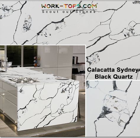 Calacatta Sydney Black Quartz comes with a white background with dark black veins that gives you the majestic look and spreads throughout the Quartz slab. These Quartz stones are the perfect ones for your kitchen. You can pick up these from us at lesser price and Get a free quote now! Hurry Up! Limited Stock only Contact info@work-tops.com or Call us at 0330 113 5868 #CalacattaSydneyBlackQuartz #quartzseries #quartzworktop #quartzcountertop Dark Vein Quartz Countertops, Kitchen Countertops Quartz, Quartz Countertops Kitchen, White Kitchen Countertops, Countertops Quartz, Black Veins, White Quartz Counter, Kitchen 2024, Black White Design