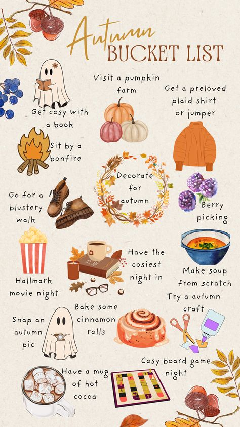 My autumn bucket list for this year. Can't wait to get stuck into some cosy activities!! Bucket List October, September Bucket List Ideas, Autumn Activities For Adults, Autumn Activities Aesthetic, Fun Things To Do In Fall, Autumn Bucket List Aesthetic, Fall Bucket List 2024, Fall Lists, Cosy Autumn Aesthetic