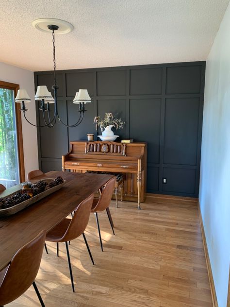 Slate Grey Accent Wall, Black Walls With Wood Trim, Conference Room Accent Wall, Accent Wall Wood Trim, Dark Accent Wall, Honey Oak Trim, Dark Accent Walls, Dining Room Accent Wall, Grey Accent Wall