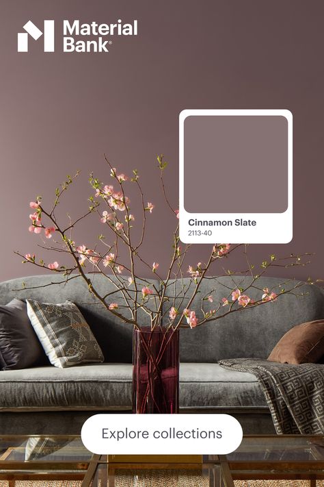 Benjamin Moore invites you to embrace the beauty of quietly colorful hues with the Color of the Year 2025, Cinnamon Slate 2113-40 and Color Trends 2025 palette. Exuding warmth, comfort, and a sense of ease, these calm and confident hues are available to sample on Material Bank today. See link in today’s Story. Cinammon Slate Color, Cinnamon Slate Bedroom, Benjamin Moore Cinnamon Slate, Cinnamon Slate Benjamin Moore, Benjamin Moore Cinnamon, 2025 Paint Color Trends, 2025 Pantone, Cinnamon Slate, Office Vibes