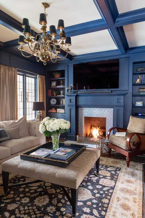 Blue Library Room, Fireplace Curtains, Tudor Living Room, Blue Family Room, Ceiling Ideas Living Room, Trim Windows, Blue Library, Blue Family Rooms, Dark Blue Rooms