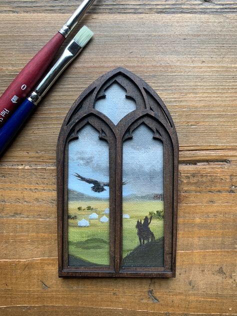 Cathedral mini paintings - ART BY MEGAN WYREWEDEN Cathedral Window Painting, Window Frame Drawing, Diy Cathedral Window Frame, Window Frame Crafts, Miniature Window, Gothic Frame, Window Paintings, Mixing Paint Colors, Gothic Windows