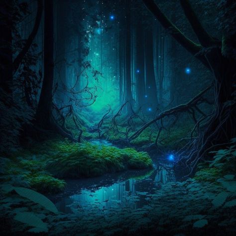 Mystical Forest Aesthetic, Blue Enchanted Forest, Mystical Places, Location Inspiration, Mystical Forest, Forest Illustration, Night Forest, Magic Forest, Misty Forest