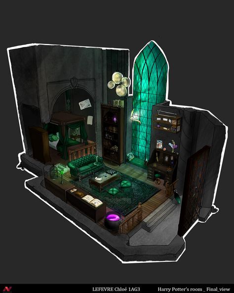 Slytherin Dorm Room Ideas, Slytherin Room Aesthetic, Slytherin Room Ideas, Harry Potter Dorm Room, Bedroom With A Desk, Slytherin Dorm Room, Harry Potter Dorm, Slytherin Bedroom, Hogwarts Bedroom