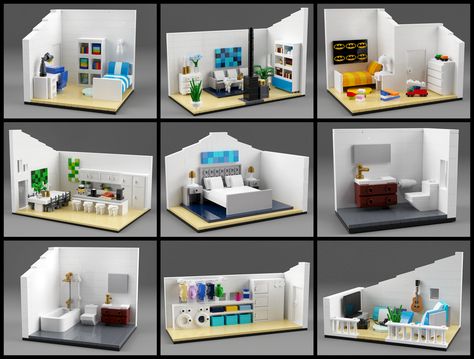 Family house interior | Interior of the family house. Computer rendering but buildable if you have the bricks. Lego Doll House, Lego House Ideas Furniture, Lego Furniture Ideas, Family House Interior, Lego Interior Design, Big Family House, Lego Kitchen, Lego Family, Table Lego