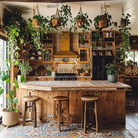 Modern Eclectic Cabin, Boho Small Home Decor, Earth Home Aesthetic, 70s Style Decor Interior Design, Cottagecore Home Design, Bohemian Home Ideas, Cozy Open Floor Plan, Fairy House Interior, Whimsigoth Kitchen