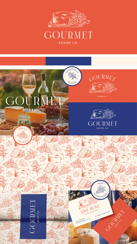 service. With elegant illustrations of cheese, grapes, and herbs, the logo exudes a refined, artisanal touch. The vibrant color palette of deep blue and warm orange creates a welcoming yet sophisticated feel, perfect for food businesses and event planners specializing in curated, high-quality gourmet experiences.  #CharcuterieBoard #CateringBrand #LogoDesign #FoodBusiness #Gourmet Catering Color Palette, Catering Brand Identity, Catering Branding Design, Luxury Food Branding, Charcuterie Branding, Charcuterie Logo, Catering Branding, Elegant Catering, Food Colors Palette