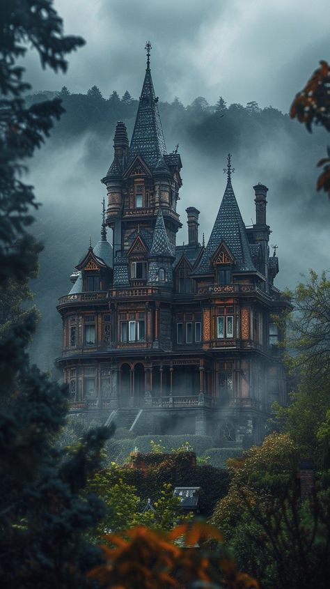 Mystic Forest Mansion: A grand, eerie mansion looms in a misty forest, hinting at stories untold and secrets hidden. #mansion #forest #mystery #fog #victorian #eerie #grand #turrets #aiart #aiphoto #stockcake https://ayr.app/l/BFVX Dark Forest Mansion, Forest Castle Aesthetic, Mansion In Forest, Mansion Forest, Hidden Mansion, Forest Mystery, Mystical House, Forest Mansion, Vampire Mansion