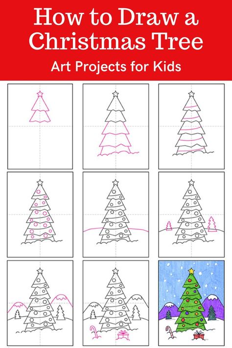 Learn how to draw a Christmas Tree with an easy step-by-step PDF tutorial. #howtodraw #tutorial #drawing #drawingtutorial #arttutorial #artprojectsforkids #howtodrawforkids #christmastree #christmastreedrawing Step By Step Christmas Drawings, Christmas Drawing Step By Step, Draw A Christmas Tree Easy, Draw Lesson, How To Draw Christmas Tree, Christmas Tree Drawing Easy, Draw A Christmas Tree, Trees Drawing Tutorial, Christmas Tree Coloring