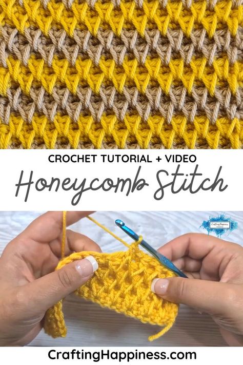 Learn how to crochet Honeycomb Stitch - free step by step tutorial & video from Crafting Happiness. Easy crochet tutorial for beginners. Crochet Stitches Step By Step, Crochet Stitch Tutorial Videos, Honeycomb Stitch Crochet, Honey Comb Crochet Pattern Free, Crochet Smock Stitch, Smock Stitch Crochet, Honeycomb Crochet, Smock Crochet Stitch, Honeycomb Crochet Pattern Free