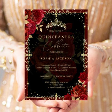 $3.95 | Elegant Royal Red Gold Rose Quinceanera - quinceanera, birthday, 15th birthday, tiara, flowers, pretty quinceanera, red, red quinceanera, red and gold, rose Black Quinceanera Theme, Red Quinceanera Ideas, Quinceanera Red, Rose Gold Quinceanera, Elegant Birthday Invitations, Red Quince, Quince Invitations, Quinceanera Planning, Quince Decorations