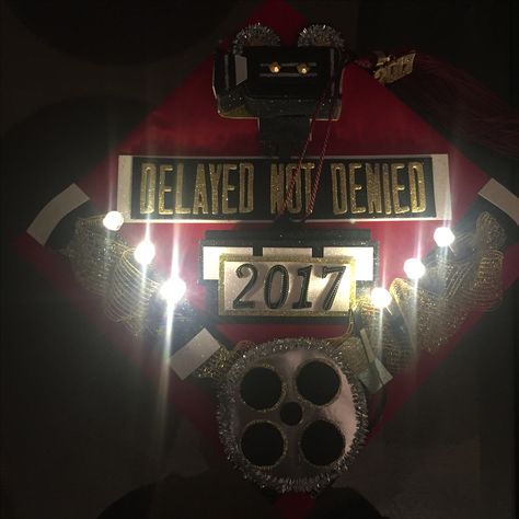 Grad Cap #1 of Fall 2017 is Complete. "Lights, Camera, Action" Inspired Cap for Grambling State University Graduate Britney Williams. The quote on the cap reads, "Delayed Not Denied" Congratulations I'm so excited for YOU!!! Thank you for topping off your BIG DAY with a custom grad cap by Optimistic K @_madeinhawaii_ Decorating you cap was an honor! email me at kdw1920@gmail.com or DM me if you're interested in getting your cap decorated! #CapsByOptimisticK #GraduationCaps #CustomCap Delayed Not Denied, Grambling State University, Custom Graduation Caps, University Graduate, Grad Cap Designs, Grad Caps, Graduation Caps, Custom Caps, Graduation Cap Decoration