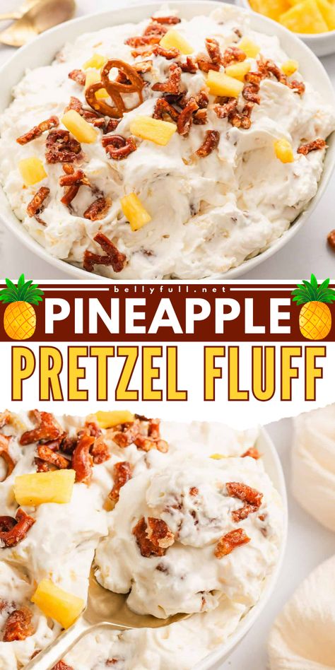 Made with buttery-sugared toasted pretzels, crushed pineapple, and a cream cheese base, this Pineapple Pretzel Fluff is sweet, salty, and amazing! With just 10 minutes of prep, it makes the perfect sweet side dish or dessert for family gatherings and potlucks. Pineapple Pretzel Fluff, Pretzel Fluff, Labor Day Desserts, Easy Labor, Healthy And Unhealthy Food, Fluff Desserts, Family Friendly Dinners, Bread Appetizers, Summer Dessert Recipes