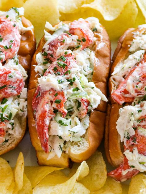 Crab and Lobster Seafood Rolls - CarnalDish Crab And Shrimp Roll, Seafood Rolls, Joanna Gaines Lobster Rolls, Langostino Rolls, Best Lobster Roll Recipe, Lobster Rolls Recipe, Cold Lobster Roll, New England Lobster Roll, Crab Rolls Recipe