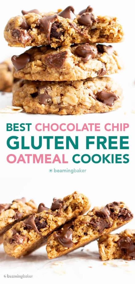 The BEST Gluten Free Oatmeal Chocolate Chip Cookies - Beaming Baker Gluten Free Oatmeal Chocolate Chip Cookies, Healthy Peanut Butter Oatmeal Cookies, Gluten Free Oatmeal Cookies, Chocolate Chip Oatmeal Cookies, Oatmeal Chocolate Chip Cookie Recipe, Healthy Oatmeal Cookies, Almond Flour Cookies, Vegan Oatmeal, Gluten Free Oatmeal