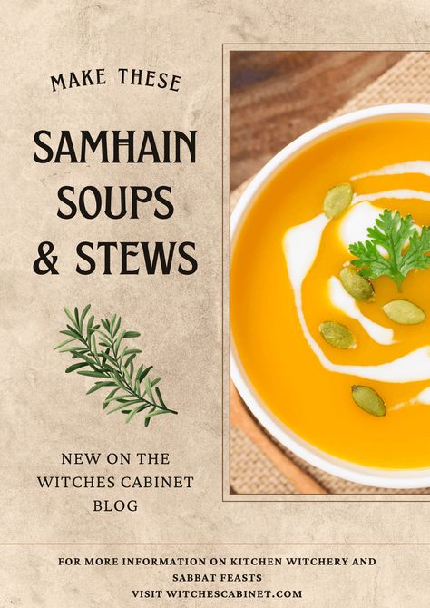 Recipes for the most delicious, traditional and contemporary Samhain soups and stews including colcannon soup, pumpkin chili, Dublin coddle and more! Kitchen Witch Recipes Samhain, Soup Is Witchcraft, Recipes For Samhain, Witch Soup Recipe, Food For Samhain, Samhain Stew, Samhain Food Recipes, Vegan Samhain Recipes, Samhain Recipes Traditional