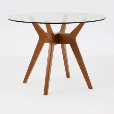 Mid Centrury Modern Dining Room | Spacejoy West Elm Dining Table, Modern Contemporary Dining, Round Glass Table, Glass Round Dining Table, Table Glass, Contemporary Dining Table, Expandable Dining Table, Contemporary Dining, Glass Dining Table