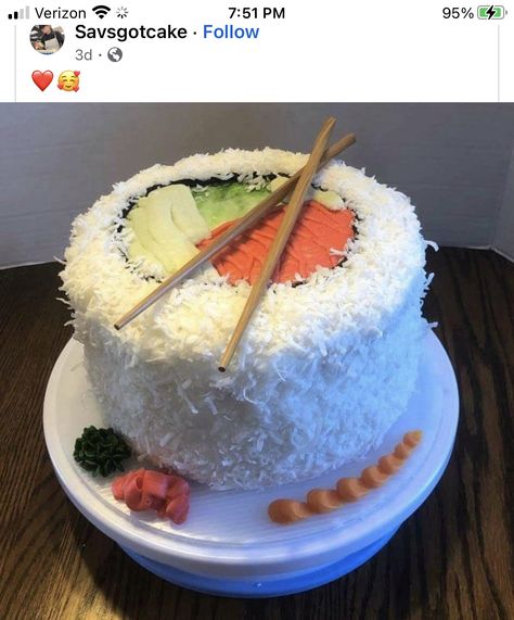 Japanese Inspired Cake, Sushi Cake Birthday, Sushi Birthday Cake, Cake Designs Funny, Funny Cake Ideas, Cakes Funny, Birthday Cake Funny, Fnaf Cake, Cake Funny