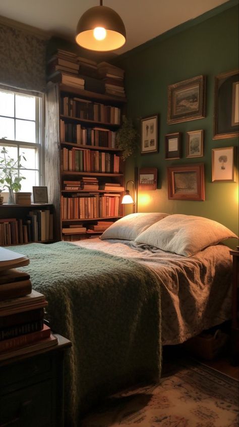 Cozy Library Bedroom, Cozy Cottage Apartment, Cozy Bedroom Bookshelves, Book Filled Bedroom, Little Women Bedroom Aesthetic, Safe House Aesthetic, Cozy Reading Nook Ideas For Bedrooms, Booklover Bedroom, Cozy Bookish Bedroom