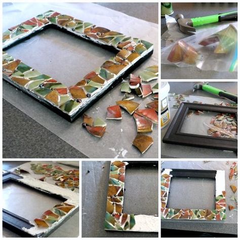 DIY Mosaic Picture Frame | Now you know what to make from your favorite broken dishes or items. See full tutorial on TodaysCreativeLife.com Glass Mosaic Picture Frame, Broken Glass Crafts, Mosaic Mirror Frame, Artsy Crafts, Mosaic Mirrors, Picture Frame Crafts, Glass Picture Frames, Diy Mosaic, Mosaic Frame