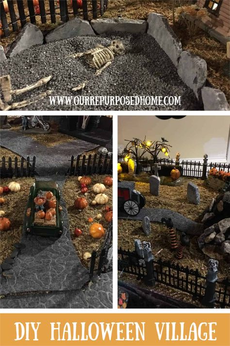 Diy Halloween Village Display, Halloween Village Display Ideas Diy, Diy Mini Village, Diy Haunted Village, Diy Spooky Village Display, Halloween Village Ideas, Diy Halloween Town, Halloween Houses Village, Halloween Diaroma Ideas