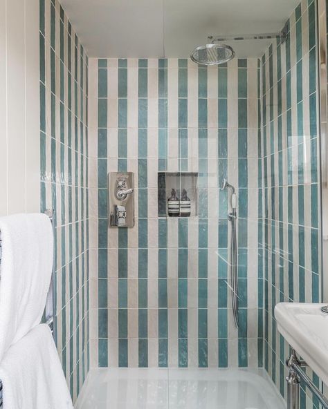 Emily French | • S h o w e r P o w e r • The idea was to have a little fun with this newly completed Guest Ensuite Project and go with striped tiling… | Instagram Blue And White Tiles Bathroom, Kids Bathroom Inspiration, Striped Tile Bathroom, Stripe Tile Bathroom, Striped Shower Tile, Bathroom Stripes, Striped Tiles, Striped Bathroom Walls, Mexican Bathroom Ideas