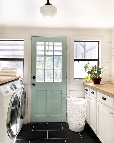 Farmhouse Tour Friday (vol. 13) - Rooms For Rent blog Laundry Room Storage Shelves, Small Laundry Room Organization, Room Storage Diy, Paint Trends, Laundry Room Doors, Trending Paint Colors, Laundry Room Cabinets, Small Laundry Room, Small Laundry