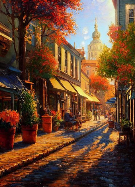 Simple Nature Painting: A Journey of Creativity Autumn City Painting, Autumn Impressionist Painting, Cozy Fall Paintings, Old City Painting, Impressionist Digital Art, Fall Concept Art, Old City Drawing, City Landscape Illustration, Autumn Digital Art