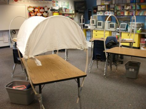 Turning desks into wagons with pvc pipe Covered Wagon School Project, Wild West Homecoming Float, Western Theme Book Fair, Oregon Trail Wagon Project, Covered Wagon Craft, Conestoga Wagon, Kansas Day, Donner Party, Westward Expansion