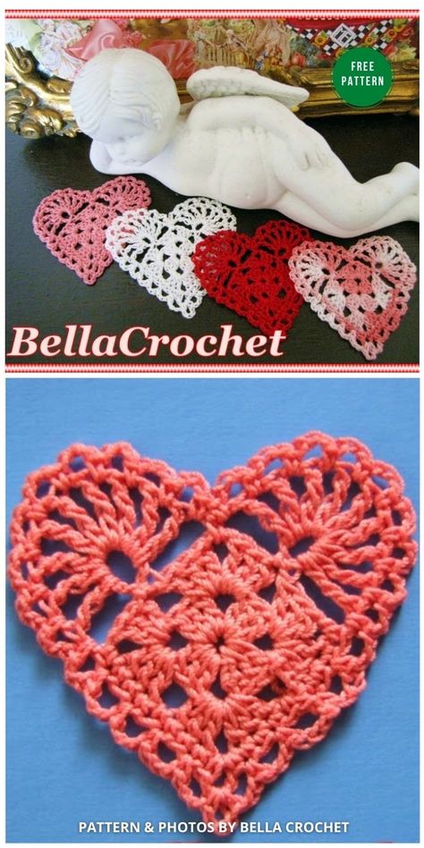 Coasters Free Pattern, Types Of Embroidery Stitches, Valentines Coasters, Crochet Valentines, Crochet Valentine Patterns, Scrap Yarn Crochet, Crochet Applique Patterns Free, Crochet Bookmark Pattern, Crochet Heart Pattern