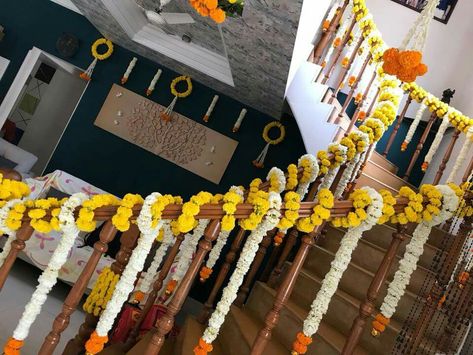 Steps decor Marigold Staircase Decor, Haldi Backdrops, Shaadi Decoration, Wedding Staircase Decoration, Staircase Decoration, Wedding Staircase, Lakshmi Puja, Indian Mehendi, Home Flower Decor