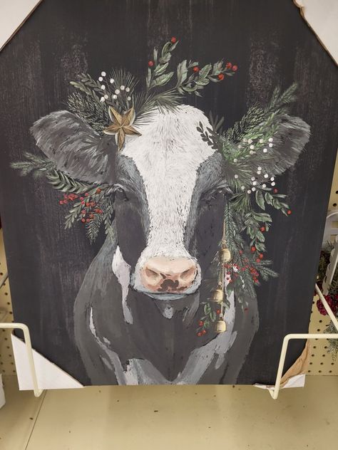 Tabletop Christmas Trees, Black And White Cow, Wall Decor Hobby Lobby, Christmas Cow, Cow Canvas, Tabletop Christmas Tree, White Cow, Cow Art, Christmas Mantels