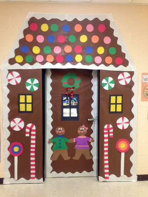 I know this is supposed to be for a classroom, but I kind of want to do this with our front door. If you laminate the pieces, you could reuse them each year. -- Classroom Door Decorations | Winter classroom door decoration -gingerbread house | Christmas Winter Classroom Door, Door Decorations Classroom Christmas, Christmas Bulletin Boards, Christmas Classroom Door, School Door Decorations, Door Decorating Contest, Christmas Door Decoration, Christmas Bulletin, School Doors