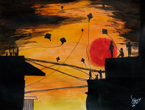 Flying kites at sunset time Kite Flying Painting, Kite Flying Drawing, Kite Festival Drawing, Kite Drawing, Night Sky Drawing, Agnes Chandelier, Village Drawing, Festival Paint, Fly Drawing