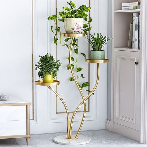 Modern Metal Plant Stand 3-Shelf Gold Corner Planter Stand Indoor Planter Stand Indoor, Corner Plant, Tall Plant Stands, Modern Plant Stand, Marble Finish, Metal Plant Stand, Plant Decor Indoor, Plant Stand Indoor, Planter Stand